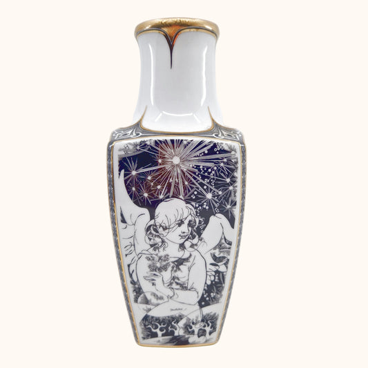 Einzigartige und nachhaltige Vintage Vase in weiss-schwarz-gold von Endre Szász für Hollóháza. Front.