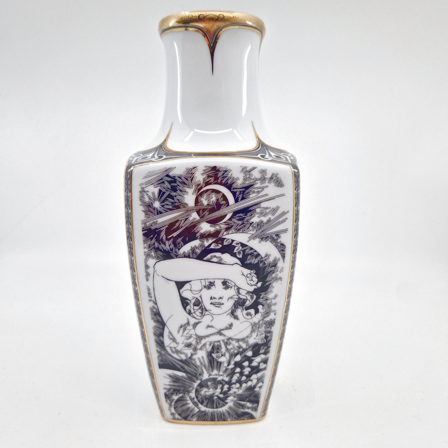 Einzigartige und nachhaltige Vintage Vase in weiss-schwarz-gold von Endre Szász für Hollóháza. Front 2.