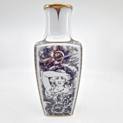 Einzigartige und nachhaltige Vintage Vase in weiss-schwarz-gold von Endre Szász für Hollóháza. Front 2.