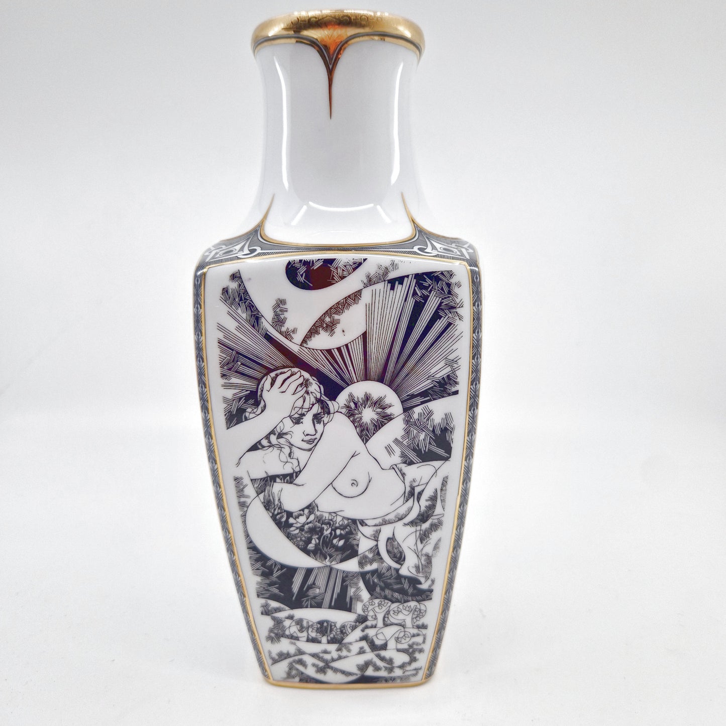 Einzigartige und nachhaltige Vintage Vase in weiss-schwarz-gold von Endre Szász für Hollóháza. Front 3.