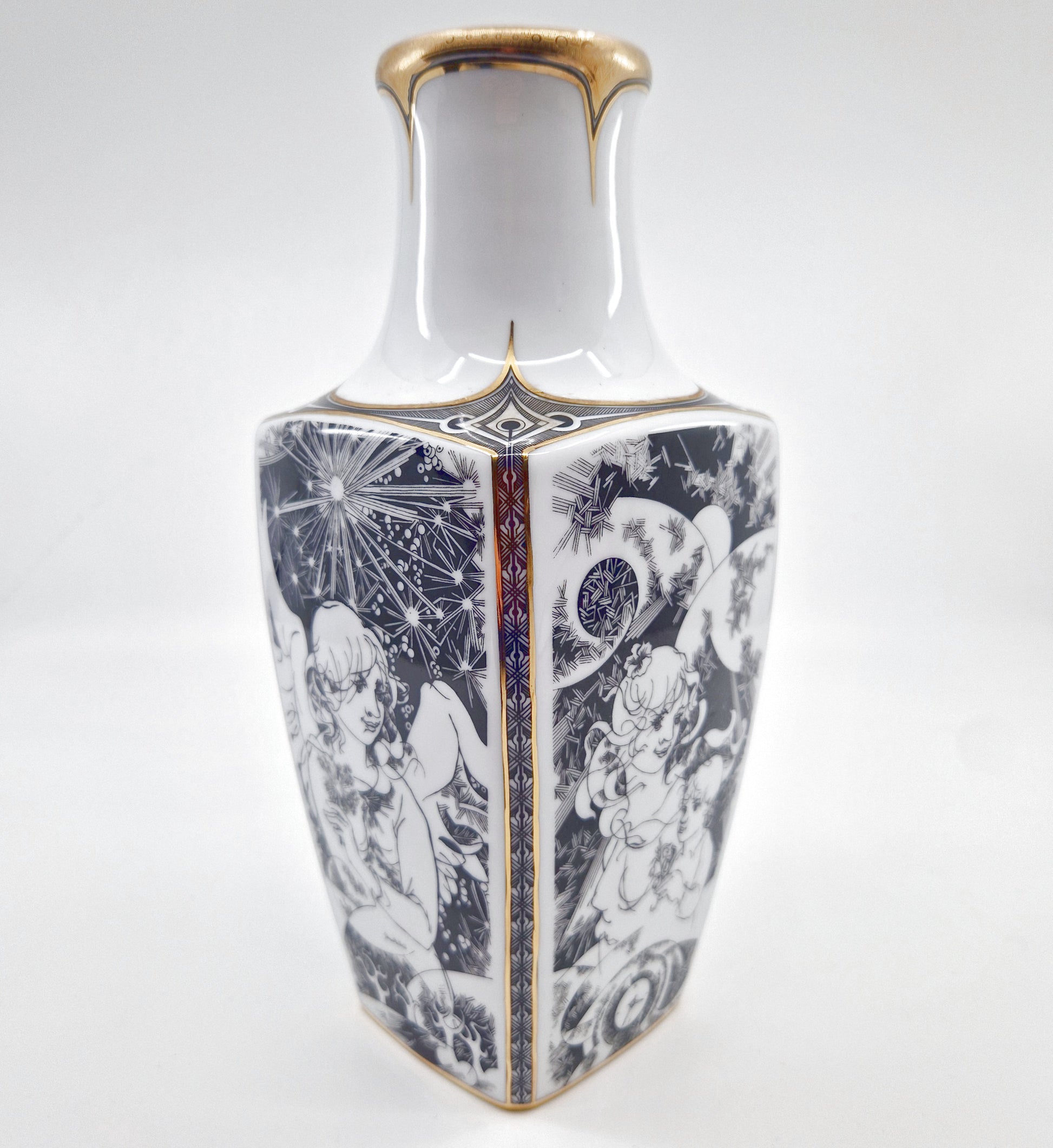 Einzigartige und nachhaltige Vintage Vase in weiss-schwarz-gold von Endre Szász für Hollóháza. Side.