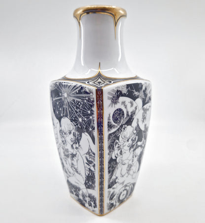 Einzigartige und nachhaltige Vintage Vase in weiss-schwarz-gold von Endre Szász für Hollóháza. Side.