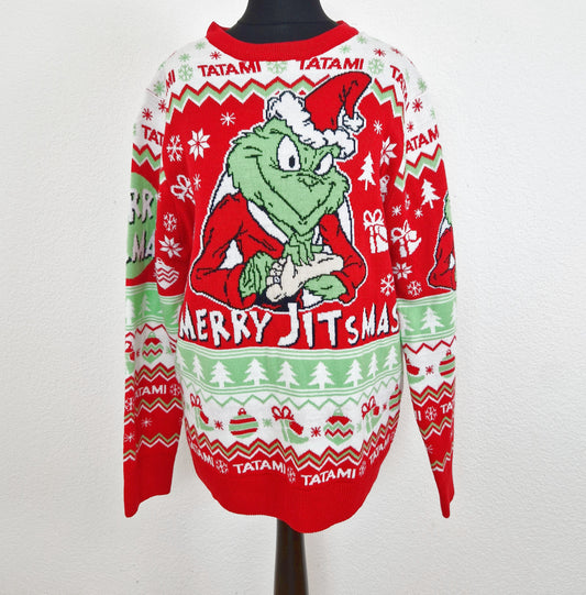 Einzigartiger und nachhaltiger Vintage Pullover in rot-weiss-hellgrün, Grinch. Unique and sustainable vintage pullover in red-white-light green, Grinch. Front. 