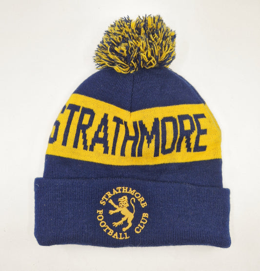 Einzigartige und nachhaltige Vintage Mütze/Beanie in dunkelblau-gelb, Strathmore. Unique and sustainable vintage beanie in dark blue-yellow, Strathmore. Front. 