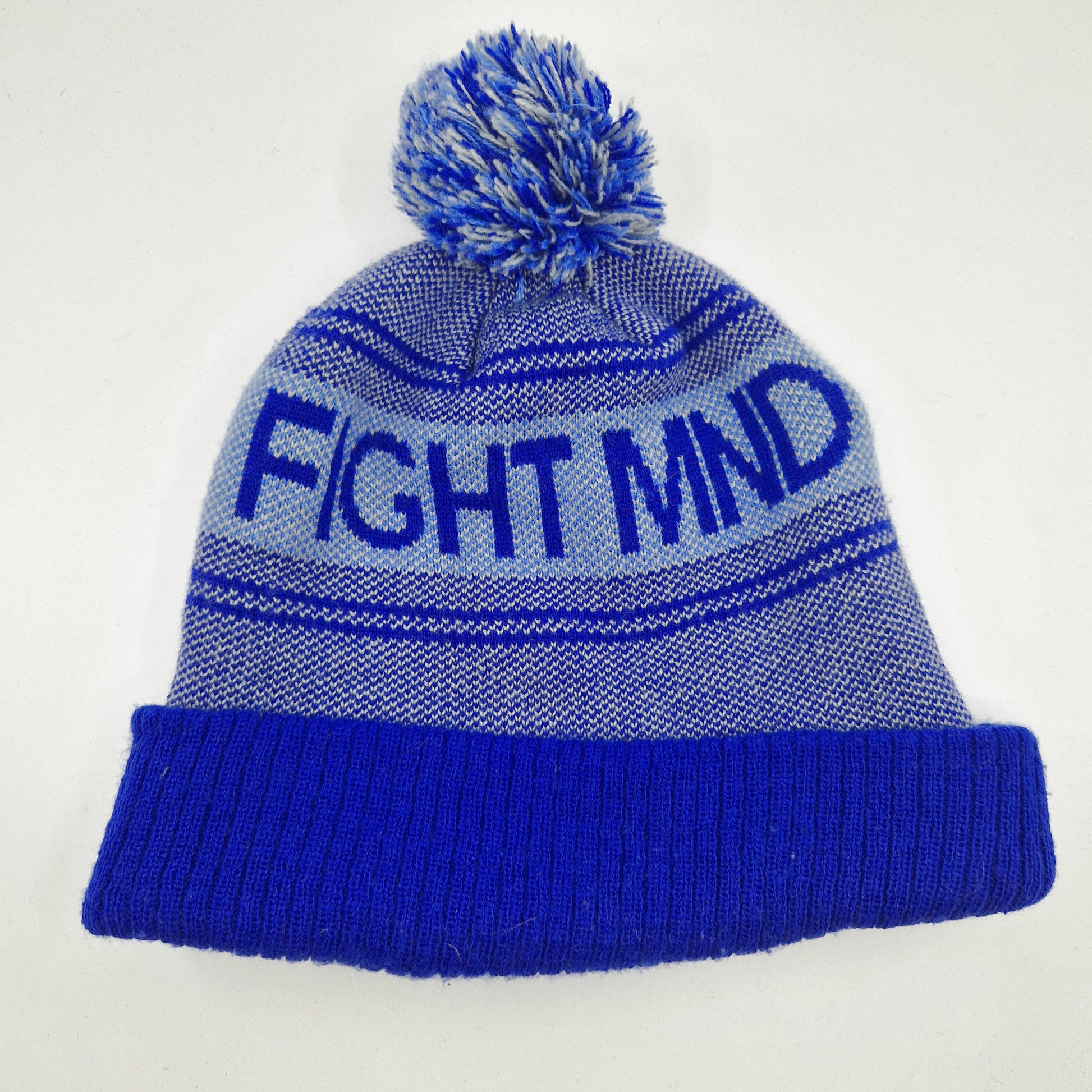 Einzigartige und nachhaltige Vintage Mütze in blau-hellblau, Fight MND. Unique and sustainable vintage beanie in blue-light blue, Fight MND. Back.