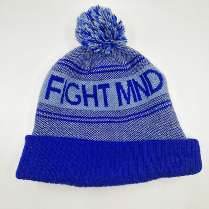 Einzigartige und nachhaltige Vintage Mütze in blau-hellblau, Fight MND. Unique and sustainable vintage beanie in blue-light blue, Fight MND. Back.