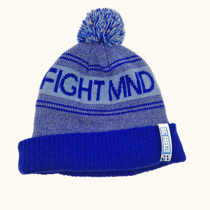 Einzigartige und nachhaltige Vintage Mütze in blau-hellblau, Fight MND. Unique and sustainable vintage beanie in blue-light blue, Fight MND. Front.
