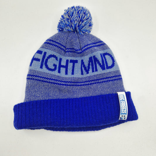 Einzigartige und nachhaltige Vintage Mütze in blau-hellblau, Fight MND. Unique and sustainable vintage beanie in blue-light blue, Fight MND. Front.