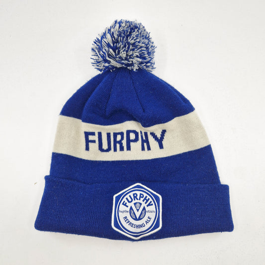 Einzigartige und nachhaltige Vintage Mütze/Beanie in blau-weiss, Furphy. Unique and sustainable vintage beanie in blue-white, Furphy. Front.