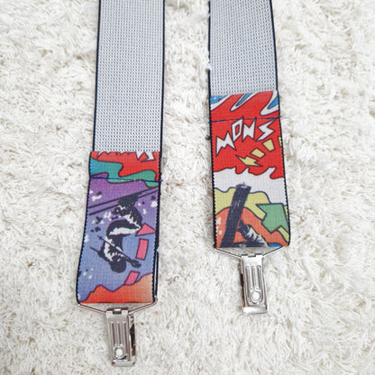 Einzigartige und nachhaltige Vintage Hosenträger, Skifahrer. Unique and sustainable suspenders, skiing. Back.