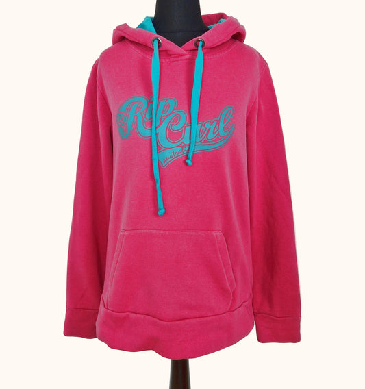 Einzigartiger und nachhaltiger Vintage Hoodie in pink-grün, Rip Curl.  Front.