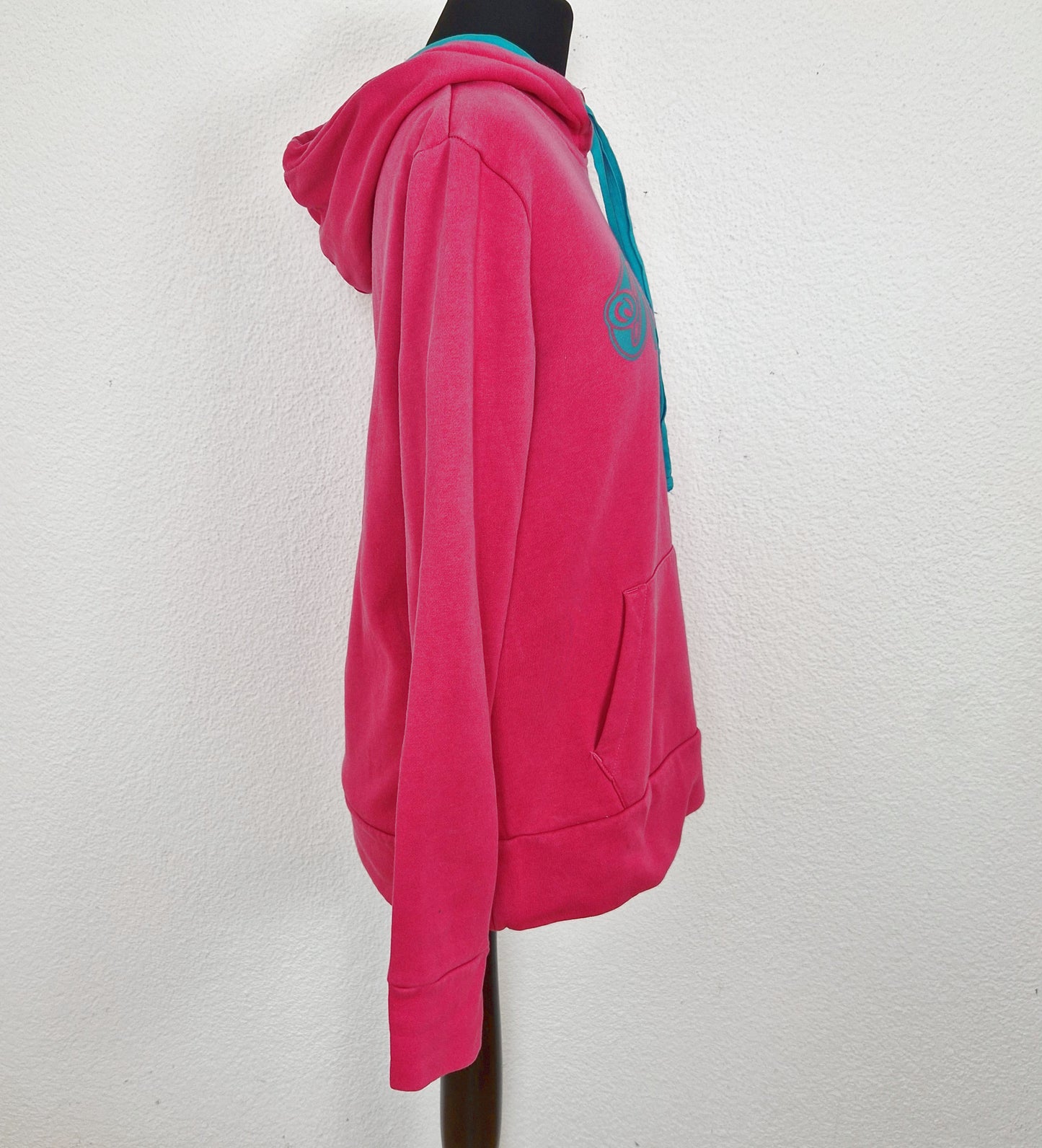 Einzigartiger und nachhaltiger Vintage Hoodie in pink-grün, Rip Curl.   Side.