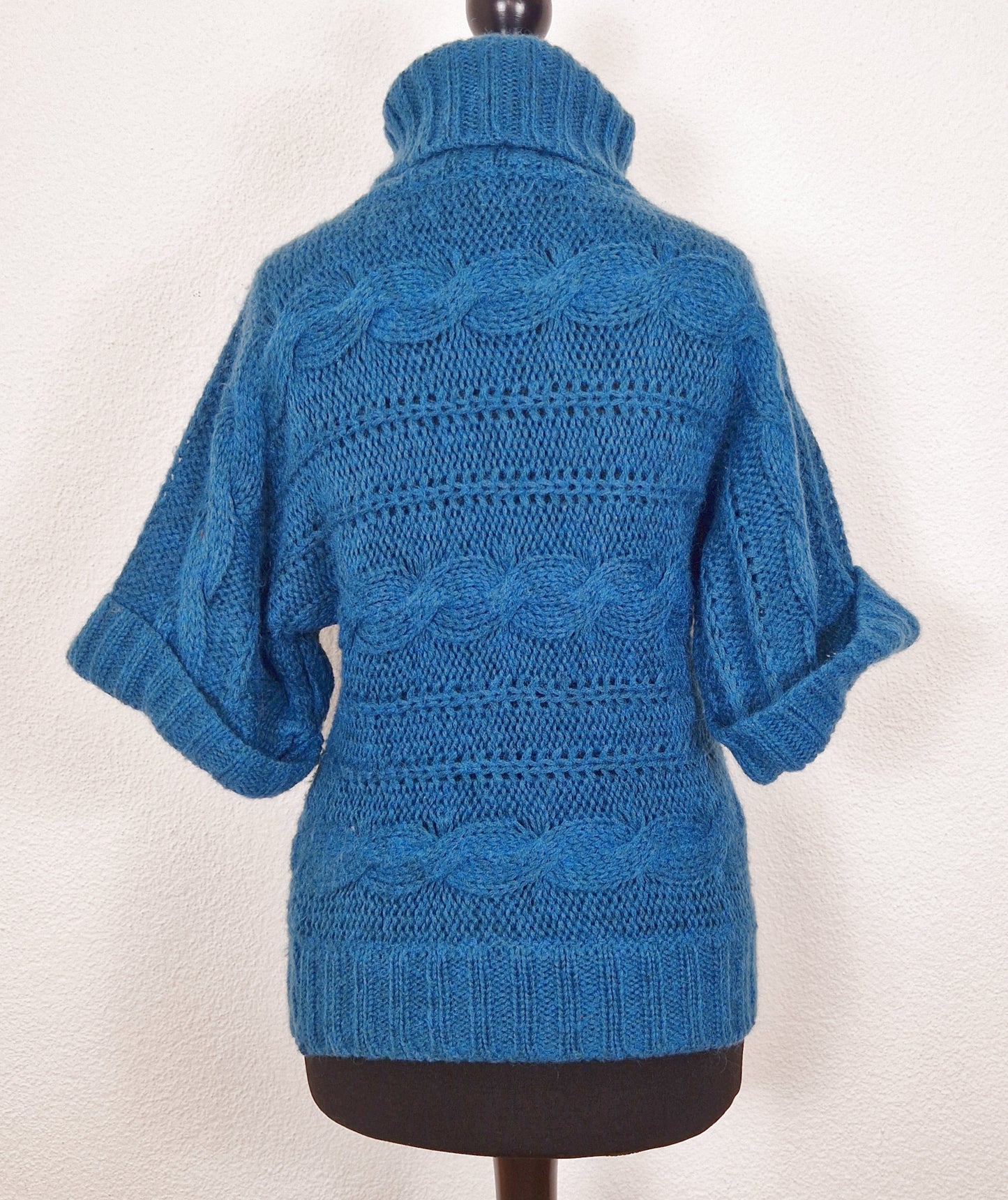 Einzigartiger und nachhaltige Vintage Pullover, 3/4-Ärmel, in petrol. Back.