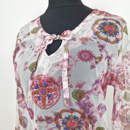 Einzigartiges und nachhaltiges Vintage Shirt, Langarm, in weiss-pink-oliv, mit Mesh. Unique and sustainable vintage shirt, long sleeves, in white-pink-olive, with mesh. Close-up.