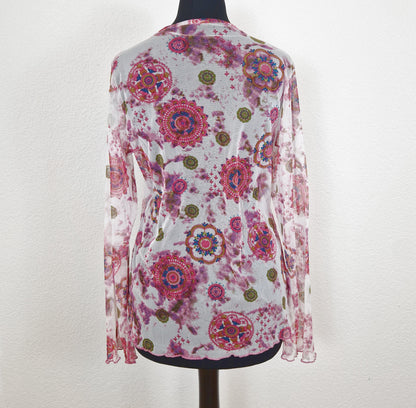 Einzigartiges und nachhaltiges Vintage Shirt, Langarm, in weiss-pink-oliv, mit Mesh. Unique and sustainable vintage shirt, long sleeves, in white-pink-olive, with mesh. Back.