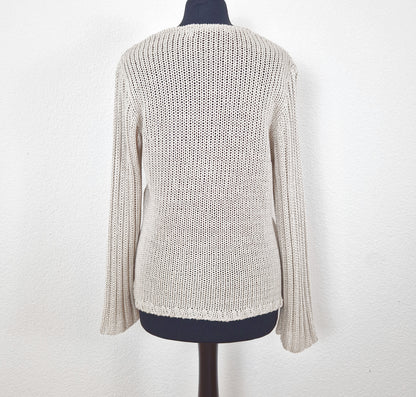 Einzigartiger und nachhaltiger Vintage Pullover in beige, asymmetrisch. Back.