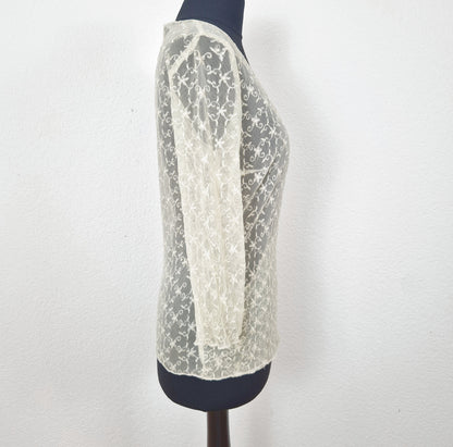 Einzigartige und nachhaltige Vintage Bluse, 3/4-Ärmel, in hellgelb. Side.