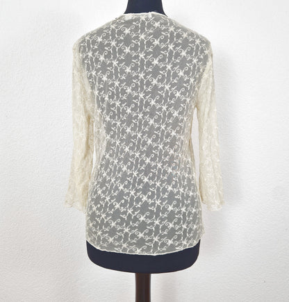 Einzigartige und nachhaltige Vintage Bluse, 3/4-Ärmel, in hellgelb. Back.