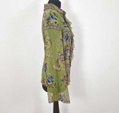 Einzigartige und nachhaltige Vintage Bluse in oliv-violett-blau mit Rüschen.  Side.