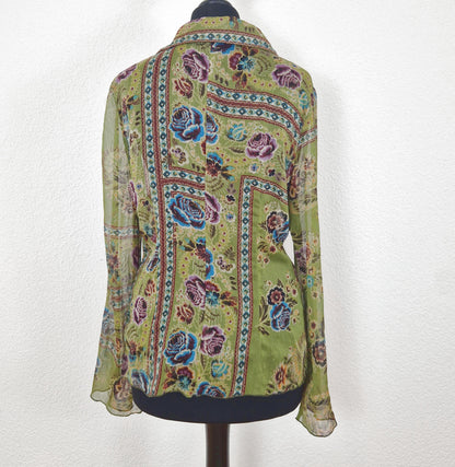 Einzigartige und nachhaltige Vintage Bluse in oliv-violett-blau mit Rüschen.  Back.