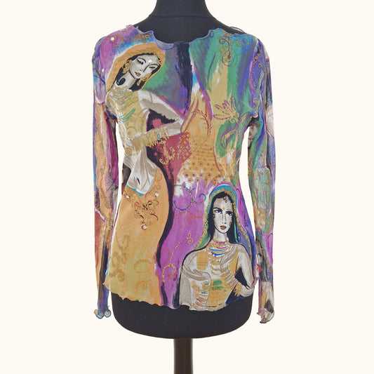 Einzigartiges und nachhaltiges Vintage Shirt in orange-violett-grün mit Tänzerin. Front. 