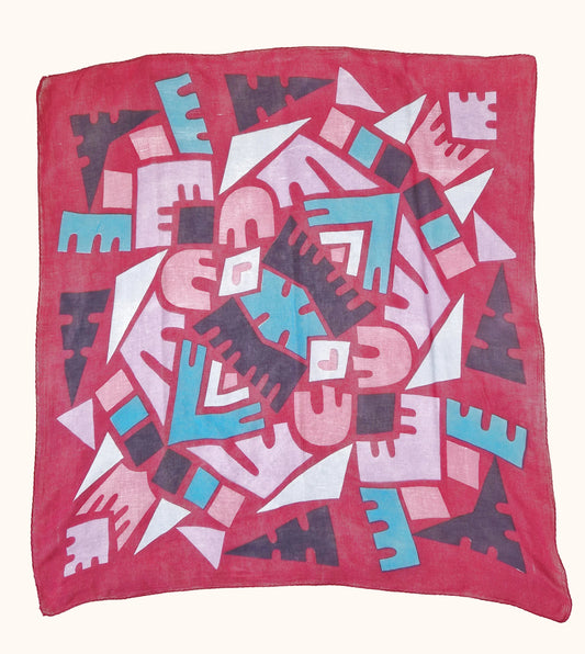 Einzigartiges und nachhaltiges Vintage Tuch in bordeaux-türkis-lila mit geometrischen Formen. Front.