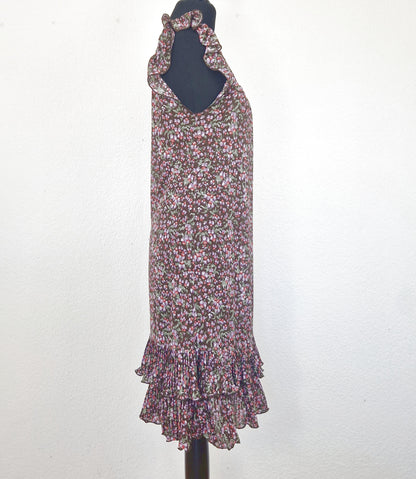 Einzigartiges und nachhaltiges Vintage Trägerkleid in braun-lila-rot mit Blumen und Rüschenärmeln. Side.