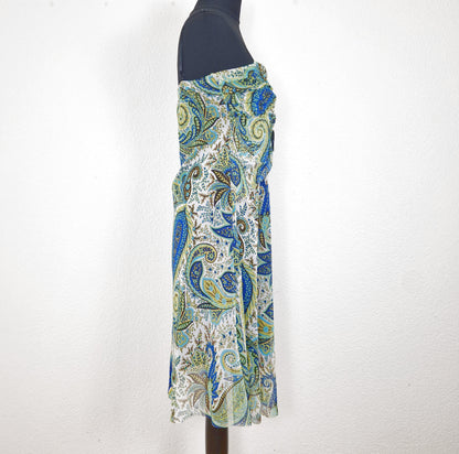 Einzigartiges und nachhaltiges Vintage Trägerkleid in weiss-gelb-blau mit Paisley. Side.