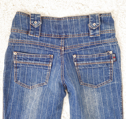 Einzigartige und nachhaltige Vintage Jeans in blau mit Nadelstreifen. Close-up Back.