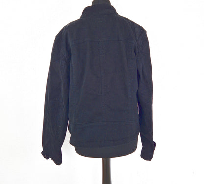 Einzigartige und nachhaltige Vintage Jeansjacke in schwarz im Bikerstil. Back.