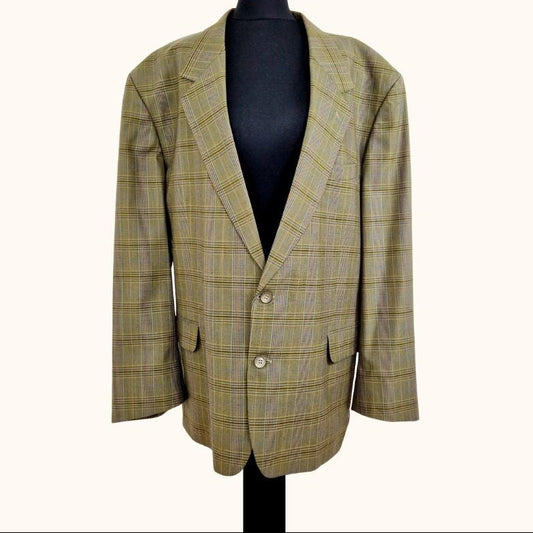 Einzigartiger und nachhaltiger, karierter Vintage Blazer in oliv-blau-rot. Front. 