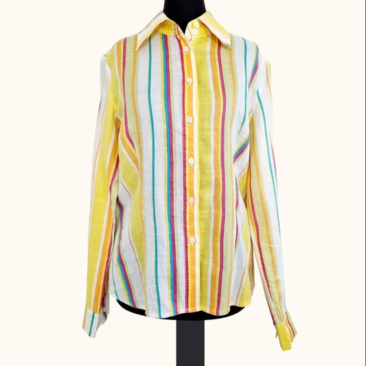 Einzigartige und nachhaltige Vintage Bluse in gelb-orange-pink mit Streifen. Front.