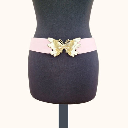 Einzigartiger und nachhaltiger Vintage Gürtel in rosa-gold mit Schmetterling. Unique and sustainable vintage belt in pink-gold with a butterfly. Front.