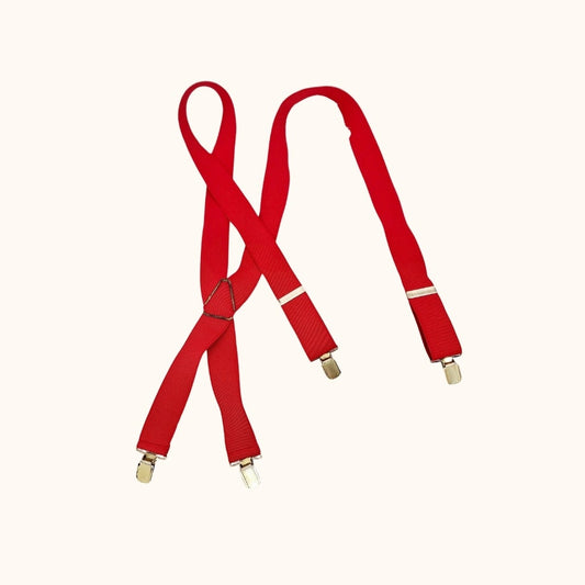 Einzigartige und nachhaltige Vintage Hosenträger in rot. Unique and sustainable vintage suspenders in red. Front.