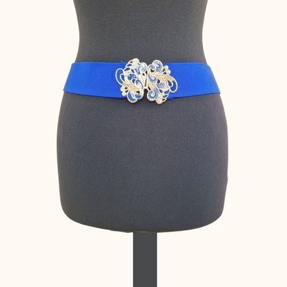 Einzigartiger und nachhaltiger Vintage Gürtel in blau-gold. Front.