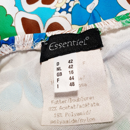 Einzigartiger und nachhaltiger Vintage Rock in türkis-grün-gelb mit Blumen. Unique and sustainable vintage skirt in turquoise-green-yellow with flowers. Tag.