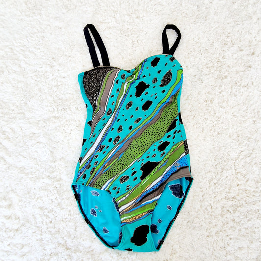 Einzigartiger und nachhaltiger Vintage Badeanzug in mint-grün-schwarz. Unique and sustainable vintage swimsuit in mint-green-black.